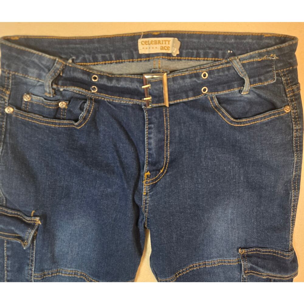 Celebrity Ace Womens Blue Flare Jeans Y2K Belted Cargo Streetwear Utility 15/32 - Picture 5 of 13